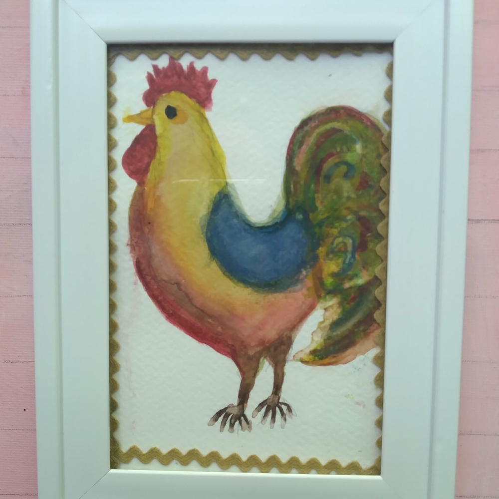 Colorful Rooster Art Painting in White Frame
